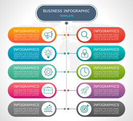 Business infographic Vector with 10 steps.Used for information,data,style,chart,graph,sign,icon, project,strategy,technology,learn,brainstorm,creative,growth,stairs,success, idea,text,web,report,work.