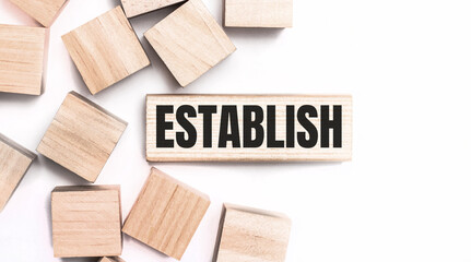On a light background, wooden cubes and a wooden block with the text ESTABLISH. View from above
