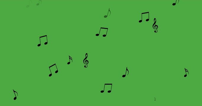 Musical note streaming up in melody. Green screen. Chromakey.