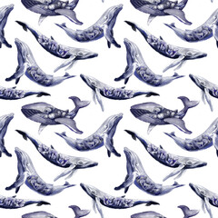 Aquarel walvissen met bloemen. Aquarel surrealistische illustratie. Naadloze patroon voor textiel, papier, scrapbooking.