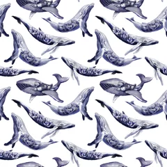Behang Oceaandieren Aquarel walvissen met bloemen. Aquarel surrealistische illustratie. Naadloze patroon voor textiel, papier, scrapbooking.
