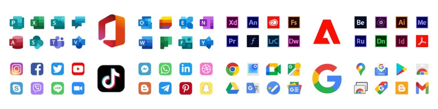 Microsoft Office 365: Outlook, Exchange, OneNote, Publisher, Excel, Planner etc. Google LLC. Official logotypes of Google Apps. Adobe products. Social media icons. Kyiv, Ukraine - August 22, 2021