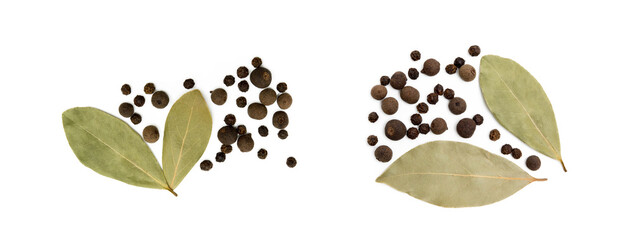 Fototapeta premium Bay leaf, allspice and pepper isolated on white background