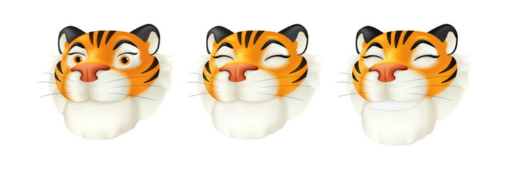 Vector set of cartoon red tiger heads - symbol of the year by the Chinese calendar. Illustration of a striped wildlife animal character with a smiling facial emotion isolated on a white background.