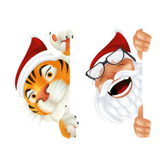 Funny cartoon Santa Claus and Tiger - symbol of the year by Chinese calendar. Laughing and smiling Christmas characters peeking from behind the vertical corner or a sign isolated on white background