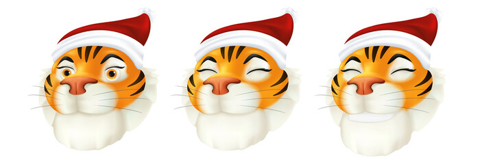 Vector set of cute cartoon red tiger heads with smiling facial emotions. Illustration of a striped animal character in Santa's costume - symbol of the year by the Chinese calendar isolated on a white