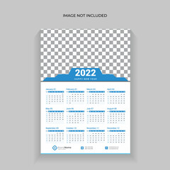 Single page calendar 2022,  Calendar design for 20122 Week starts on Sun. wall calendar one page, vector design print template with place for photo and company logo. Desk calendar template with