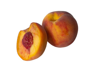 a whole peach and half a peach on a white background