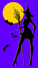 Vector rectangle halloween  stories wallpaper. Black silhouette of pretty slim young witch with hat and broom, flying bats, round yellow moon on violet background.