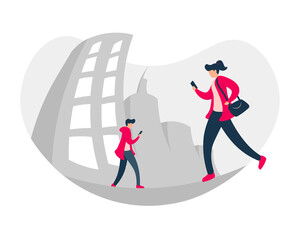 People On Their Phone - Amazing flat vector illustration of a man and a woman walking and looking at their phone suitable for website, mobile apps, and illustration in general - Vector Illustration