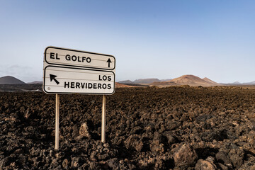 Directional sign on Timanfaya vulcanic region in Lanzarote Canary Island