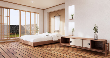 Fototapeta na wymiar White bed room japanese design on tropical room interior and tatami mat floor. 3D rendering