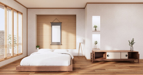 White bed room japanese design on tropical room interior and tatami mat floor. 3D rendering