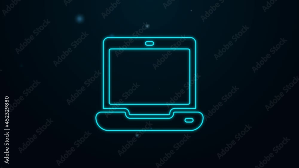 Poster Glowing neon line Laptop icon isolated on black background. Computer notebook with empty screen sign. 4K Video motion graphic animation