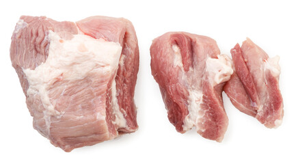 Pork meat sliced into pieces on a white background, isolated. Top view