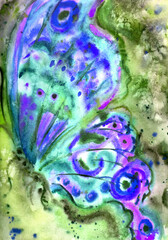 Butterfly wing, abstract watercolor in olive and blue, print for poster, fabric, and other surface designs.