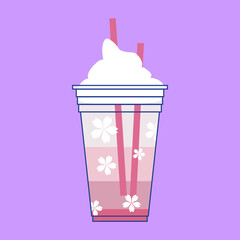 Delicious pink cocktail with cream, syrup, straw. Flat vector illustration.