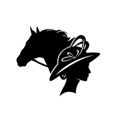 elegant woman  wearing retro style ascot hat with long feather decor and race horse head silhouette - glamour and beauty concept vector portrait