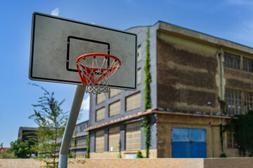 backboard, ball, basket, basketball, board, competition, court, equipment, exercise, fitness, game, hoop, outdoor, outside, park, play, playground, recreation, recreational, rim, ring, sport, street, 