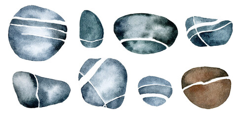 watercolor drawing. set of sea stones of gray-blue color with white veins, stripes. isolated on white background stones, river pebbles