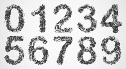 Set of smoky 3D numbers. Realistic smoke clubs or steam in shape of numbers on white background. Magical digits made of mystery fog. Vector illustration.