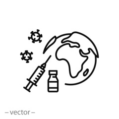 vaccine worldwide icon, global coronavirus immunization, concept health on earth planet, syringe with injection dose, thin line symbol on white background - editable stroke vector illustration