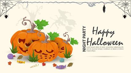 Three pumpkins are lying in the grass for the Halloween holiday flat illustration