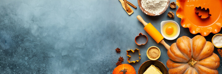 Concept homemade fall baking with pumpkin, food ingredients, spices and kitchen utencil. Cooking...
