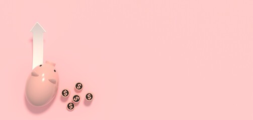 Pink piggy bank with coin on pink background for business and financial concept with copy space for text advertising, 3d rendering