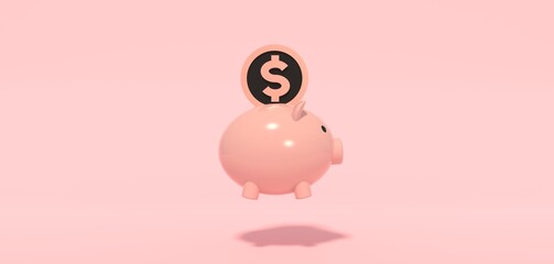 Pink piggy bank with coin on pink background for business and financial concept with copy space for text advertising, 3d rendering