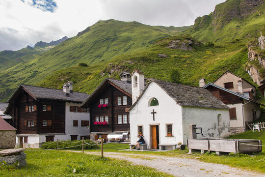 View of traditional walser village of Riale in Val Formazza during summer season, Italy