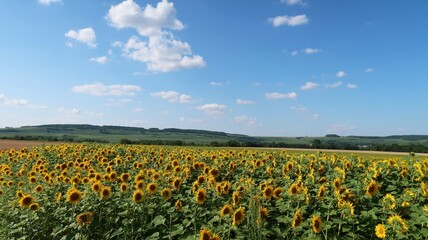 Agriculture en Champagne Ardenne, paysage de campagne avec un champ de fleurs de tournesols sous un ciel bleu en été, dans la Marne (France)