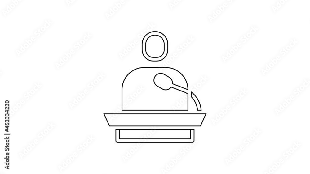 Poster black line gives lecture icon isolated on white background. stand near podium. speak into microphone