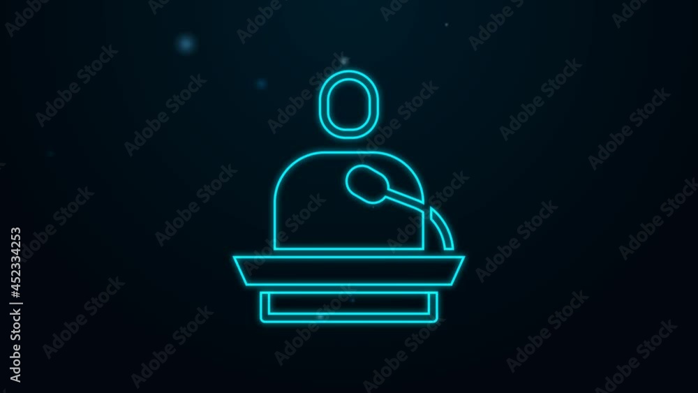 Poster glowing neon line gives lecture icon isolated on black background. stand near podium. speak into mic