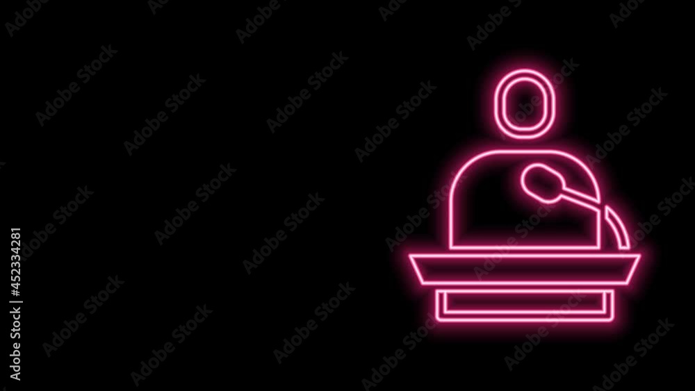 Poster glowing neon line gives lecture icon isolated on black background. stand near podium. speak into mic