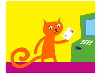 Cat's life. Give me cash! Red cat with a bank card at an ATM. Vector image for prints, poster and illustrations.