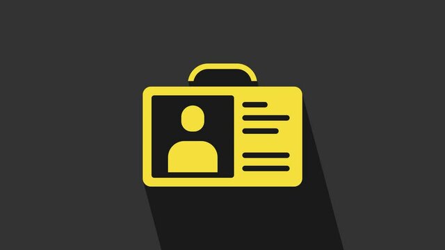 Yellow Identification badge icon isolated on grey background. It can be used for presentation, identity of the company, advertising. 4K Video motion graphic animation