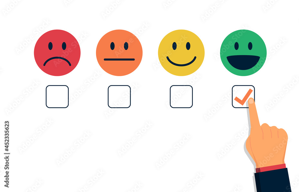 Poster customer satisfaction rating concept with hand choosing one of checkbox illustration.