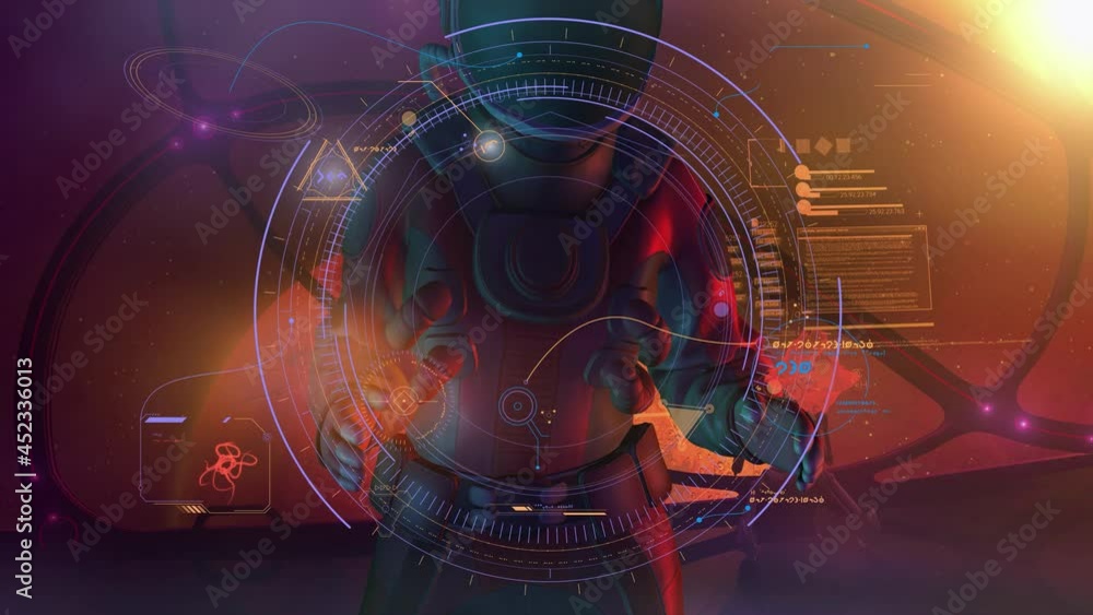 Poster astronaut analyzes data from mars, 3d render.