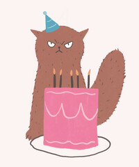 A birthday cake and angry cat illustration, pastel hand drawn digital paint chalk color style