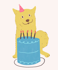 A birthday cake and cute dog smiling illustration, pastel hand drawn digital paint chalk color style