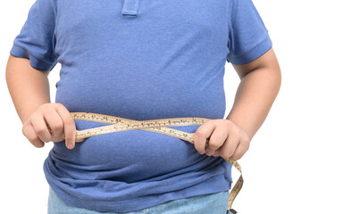obese fat boy measuring tape of stomach isolated on white background,