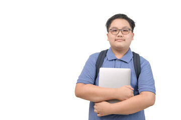 smart boy student hold laptop isolated on white background, back to school