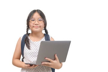 Cute girl student hold laptop isolated on white background, back to school