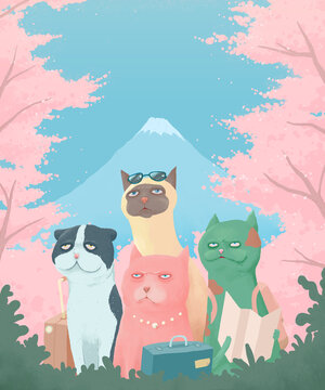 Hiilarious bad trip concept poster template design, awkward photo of cartoon cats tour group in japanese vibe vacation attraction, sweet pastel color