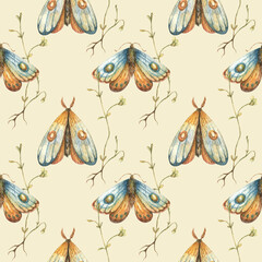 Pattern watercolor butterfly-moth flowers
Watercolor botanical seamless pattern with small flowers. Cute floral print blooming summer meadow illustration with butterflies and wildflowers
