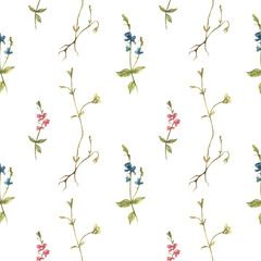 Pattern watercolor butterfly-moth flowers
Watercolor botanical seamless pattern with small flowers. Cute floral print blooming summer meadow illustration with butterflies and wildflowers