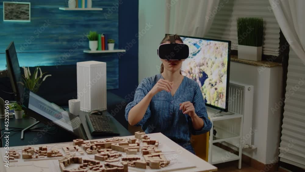 Aufkleber architect using vr glasses for building design with blueprint plan on table. construction engineer w