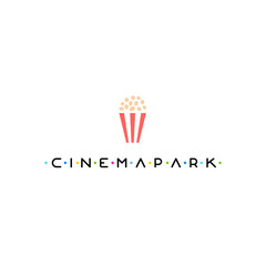 Vector Logo Cinema Park with Popcorn in Red Box on White Background. Line Art Style Design of Logotype
