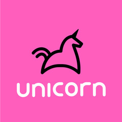 Vector Logo Unicorn with Animal Unicorn on Pink Background. Line Art Style Design of Logotype